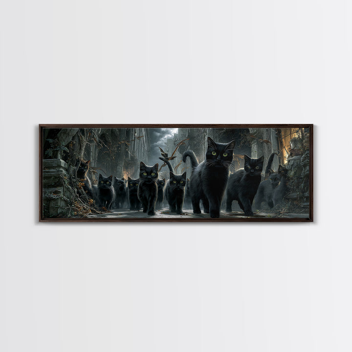 The Black Cat Gathering, Extra Wide Wall Art, Gothic Horror Wall Art, Framed Canvas Print, Halloween Wall Decor, Gothic Home Decor