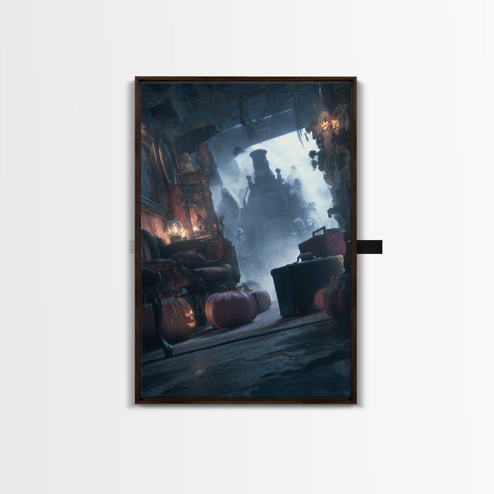 The Ghost Train Arrival, Vertical Wall Art, Haunted Gothic Art, Framed Canvas Print, Halloween Wall Decor, Gothic Home Decor