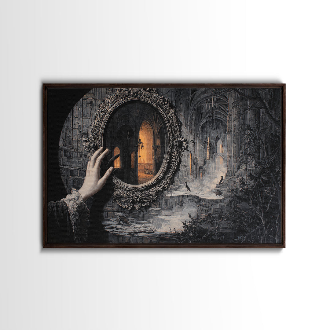 The Cursed Mirror, Landscape Wall Art, Haunted Gothic Art, Framed Canvas Print, Halloween Wall Decor, Gothic Home Decor, Halloween Wall Art