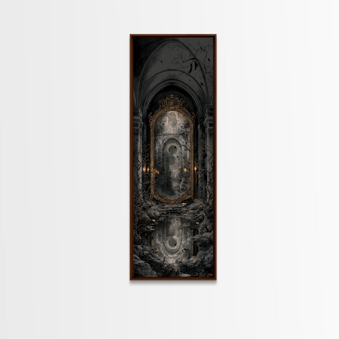The Cursed Mirror, Tall Narrow Wall Art, Gothic Horror Wall Art, Framed Canvas Print, Halloween Wall Decor, Gothic Home Decor