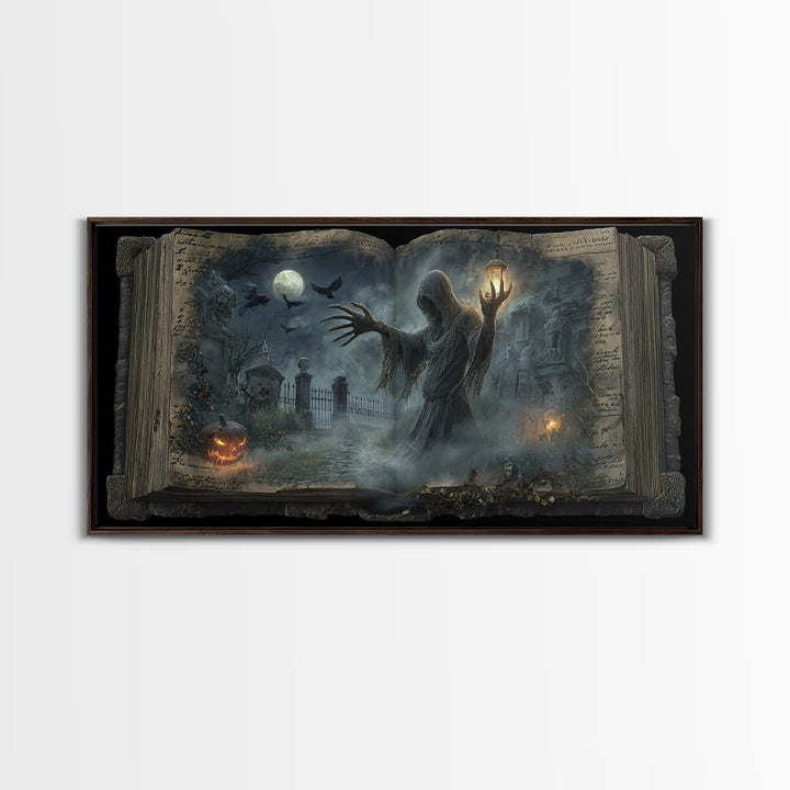 The Living Spellbook, Wide Panoramic Art, Macabre Wall Art, Framed Canvas Print, Halloween Wall Decor, Gothic Home Decor, Dark Fantasy Art