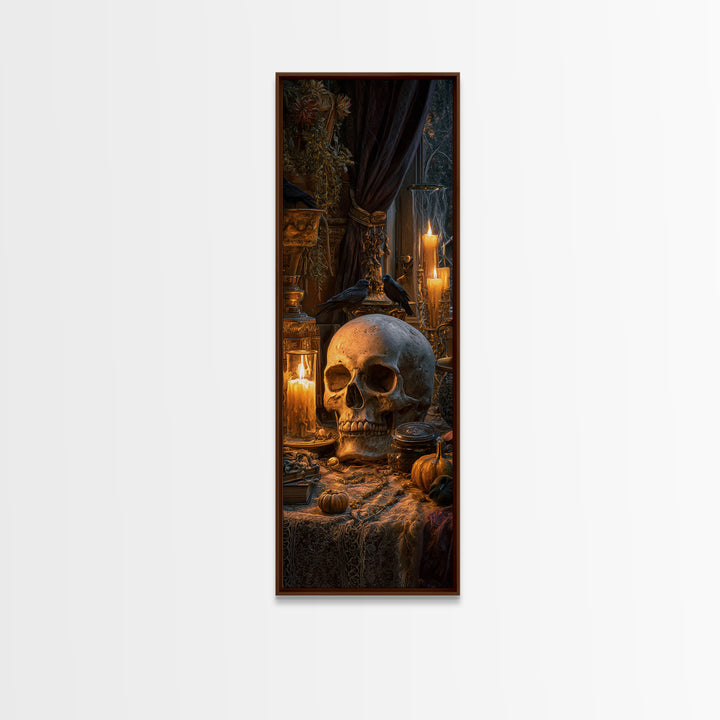 The Talking Skull, Tall Narrow Wall Art, Gothic Horror Wall Art, Framed Canvas Print, Halloween Wall Decor, Gothic Home Decor