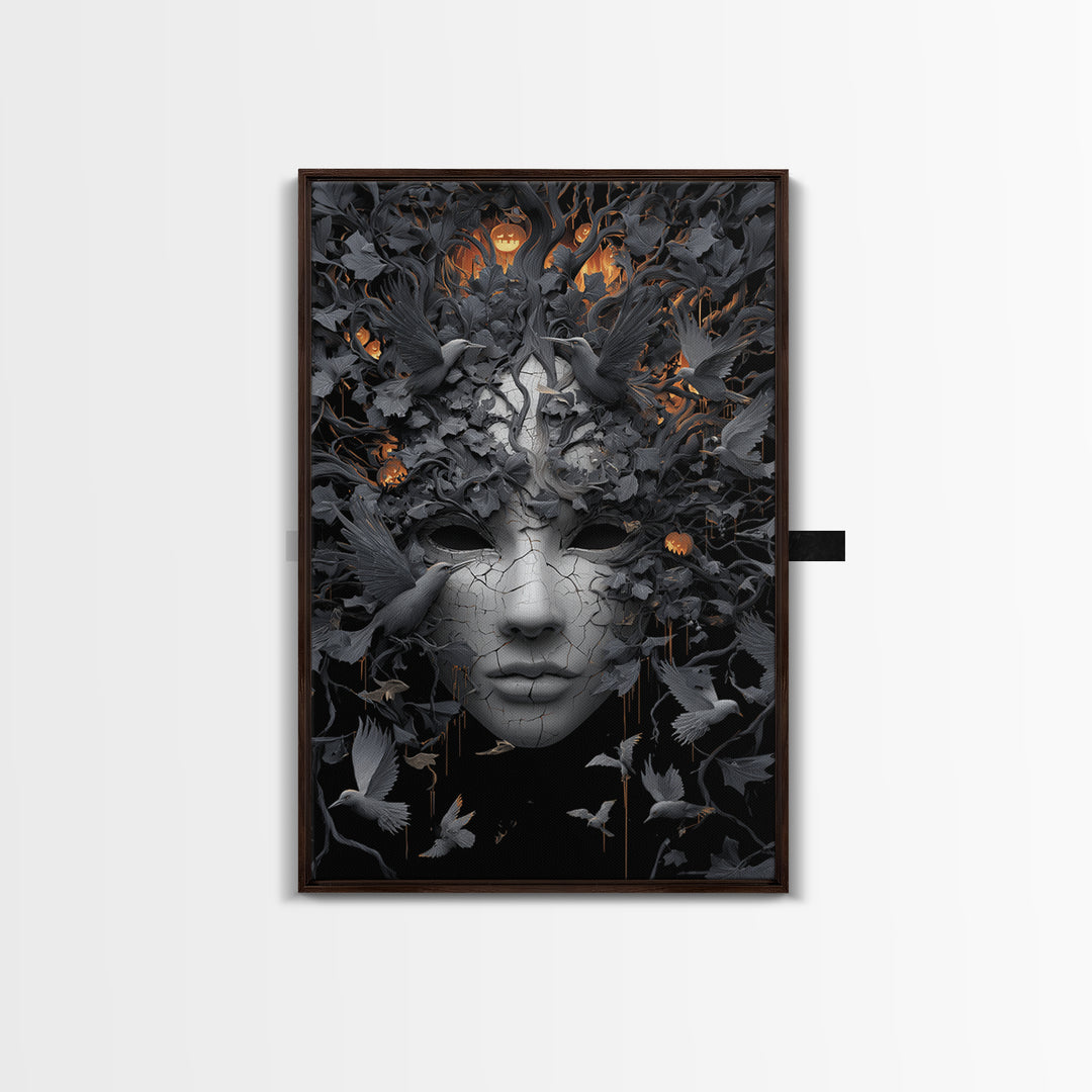 The Cracked Porcelain Mask, Vertical Wall Art, Dark Halloween Decor, Canvas Print, Halloween Wall Decor, Gothic Home Decor