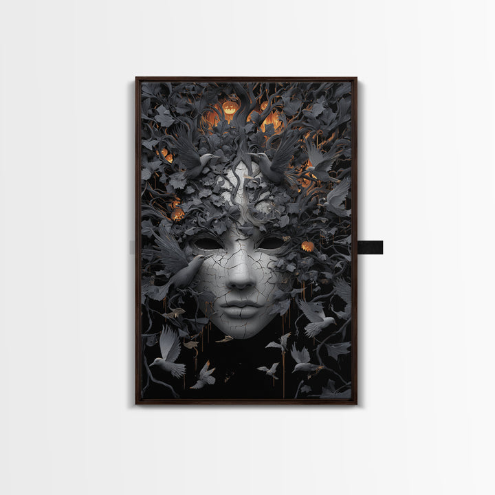 The Cracked Porcelain Mask, Vertical Wall Art, Dark Halloween Decor, Canvas Print, Halloween Wall Decor, Gothic Home Decor