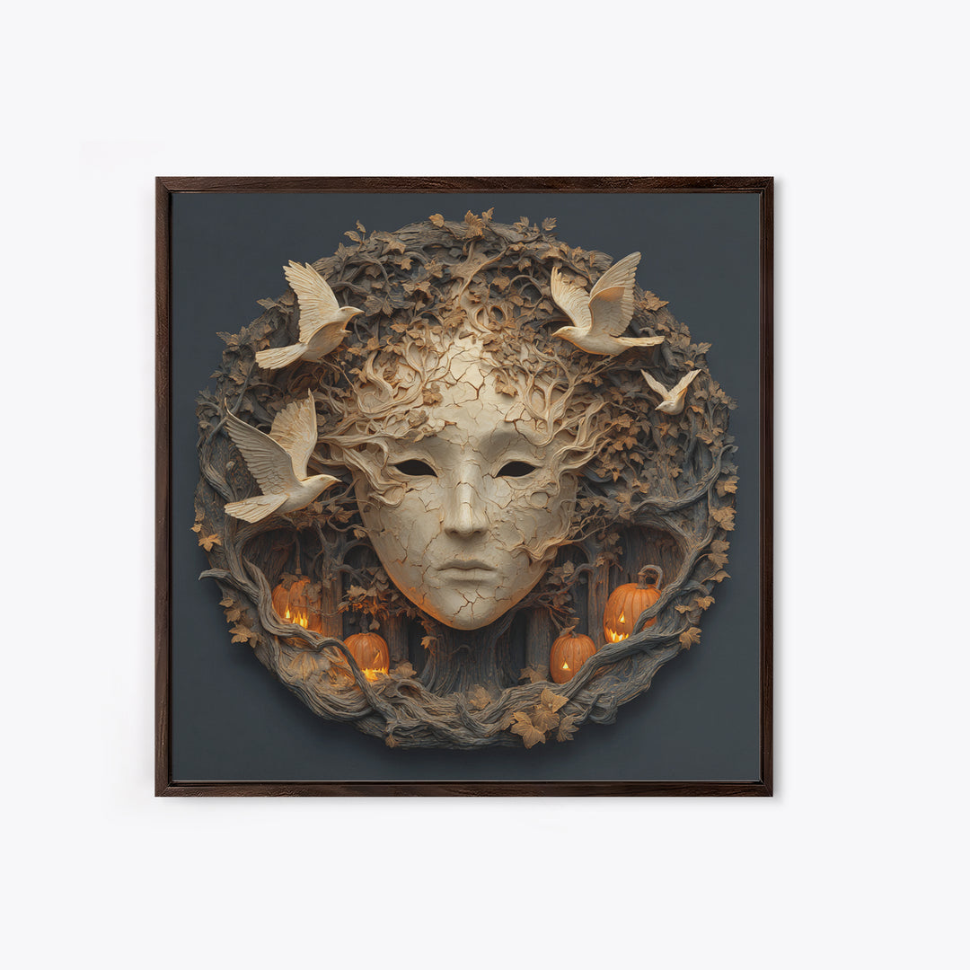 The Cracked Porcelain Mask, Square Wall Art, Haunted Gothic Art, Framed Canvas Print, Halloween Wall Decor, Gothic Home Decor