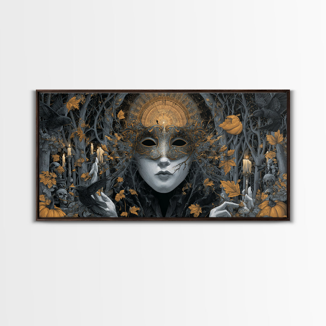 The Cracked Porcelain Mask, Wide Panoramic Art, Haunted Gothic Art, Framed Canvas Print, Halloween Wall Decor, Gothic Home Decor