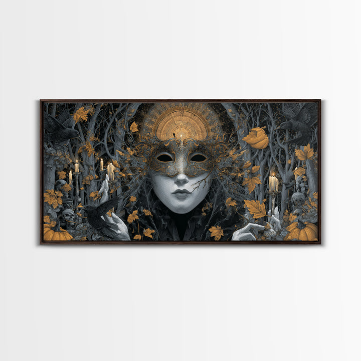 The Cracked Porcelain Mask, Wide Panoramic Art, Haunted Gothic Art, Framed Canvas Print, Halloween Wall Decor, Gothic Home Decor