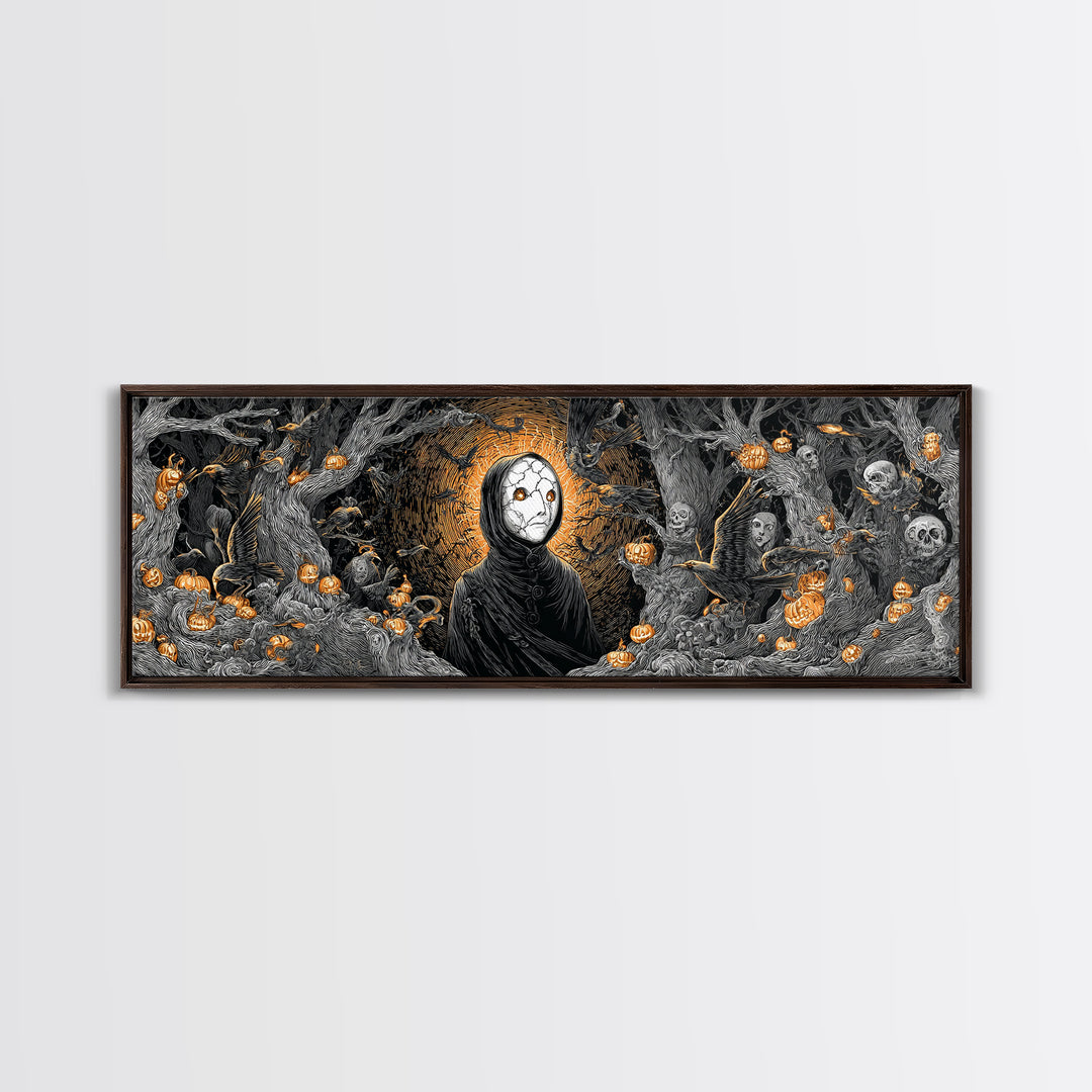 The Cracked Porcelain Mask, Extra Wide Wall Art, Haunted Gothic Art, Framed Canvas Print, Halloween Wall Decor, Gothic Home Decor