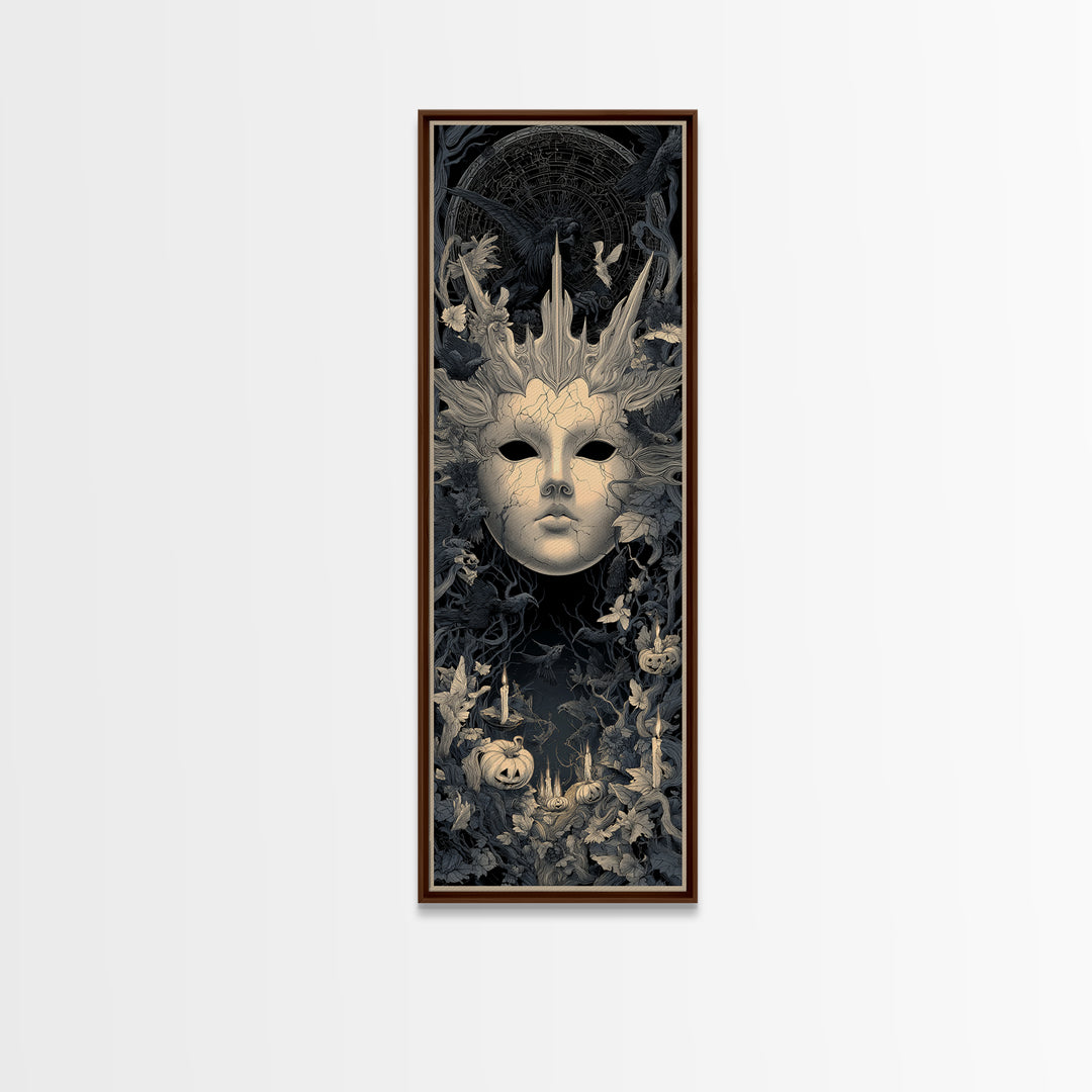 The Cracked Porcelain Mask, Tall Narrow Wall Art, Dark Halloween Decor, Canvas Print, Halloween Wall Decor, Gothic Home Decor