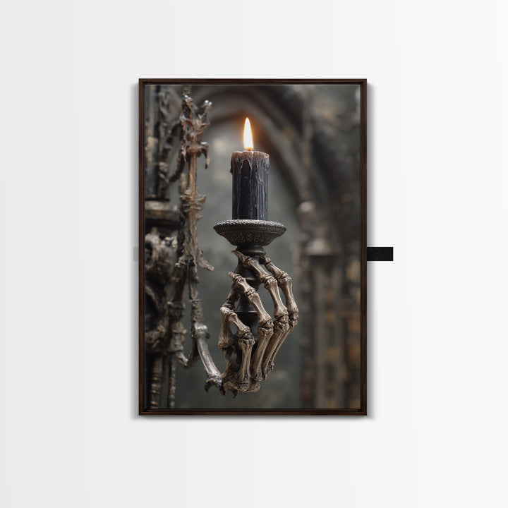 The Skeletal Hand Candleholder, Vertical Wall Art, Macabre Wall Art, Framed Canvas Print, Halloween Wall Decor, Gothic Home Decor