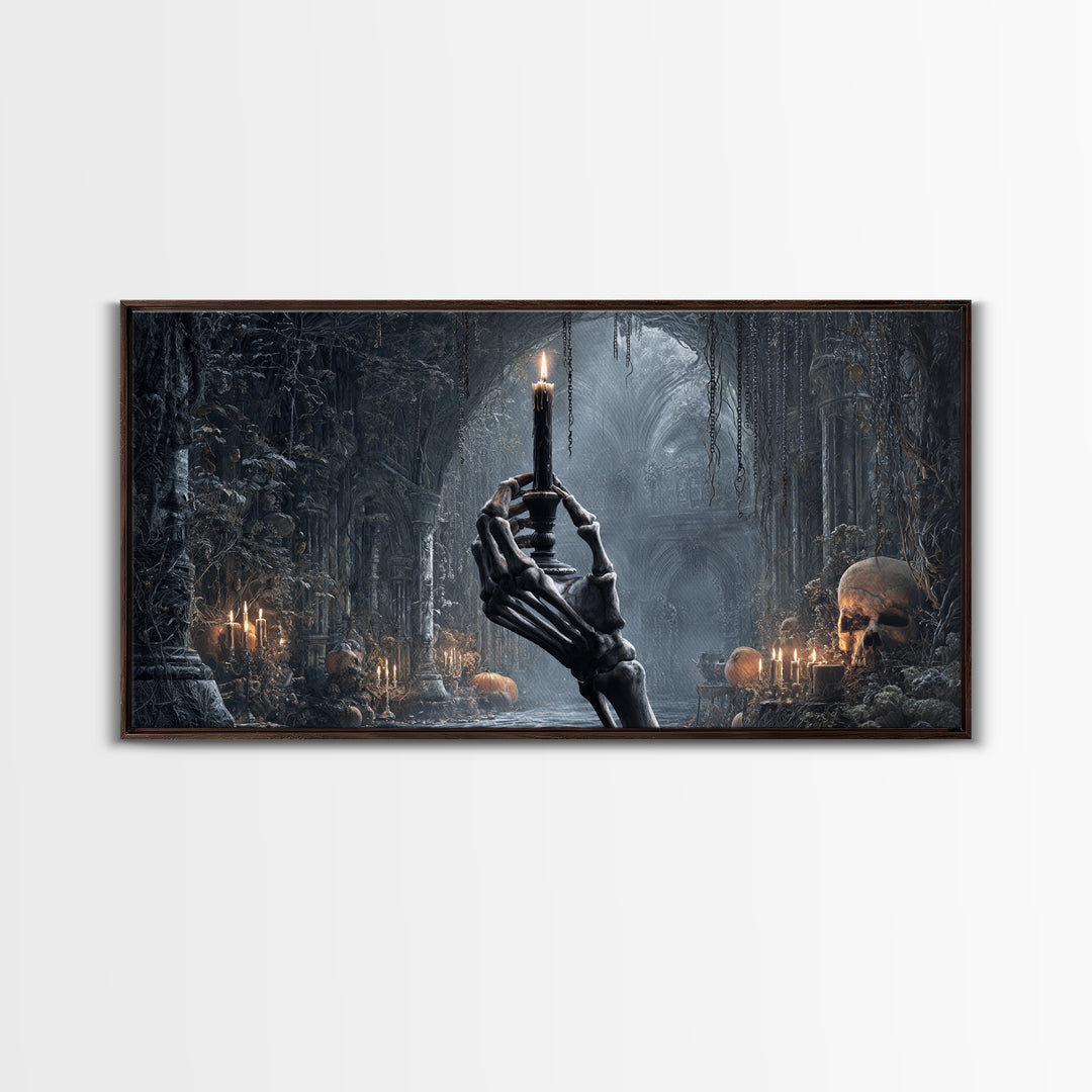 The Skeletal Hand Candleholder, Wide Panoramic Art, Spooky Home Decor, Canvas Print, Halloween Wall Decor, Gothic Home Decor