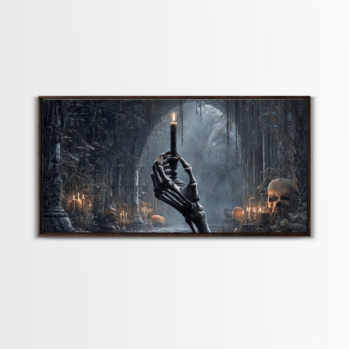 The Skeletal Hand Candleholder, Wide Panoramic Art, Spooky Home Decor, Canvas Print, Halloween Wall Decor, Gothic Home Decor