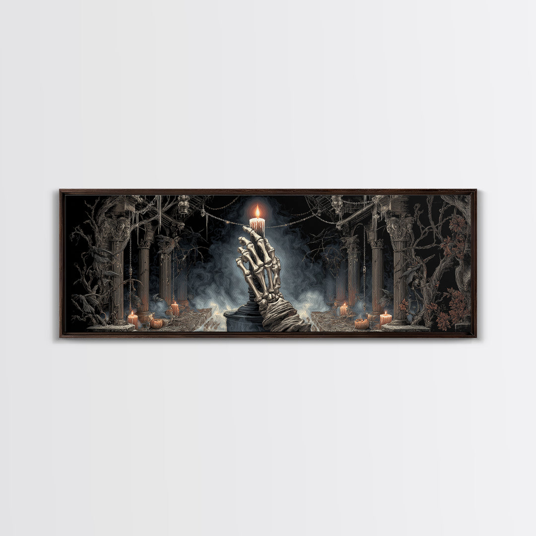 The Skeletal Hand Candleholder, Extra Wide Wall Art, Macabre Wall Art, Framed Canvas Print, Halloween Wall Decor, Gothic Home Decor