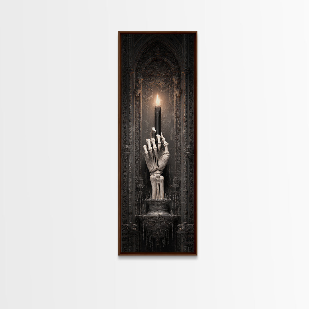 The Skeletal Hand Candleholder, Tall Narrow Wall Art, Macabre Wall Art, Framed Canvas Print, Halloween Wall Decor, Gothic Home Decor