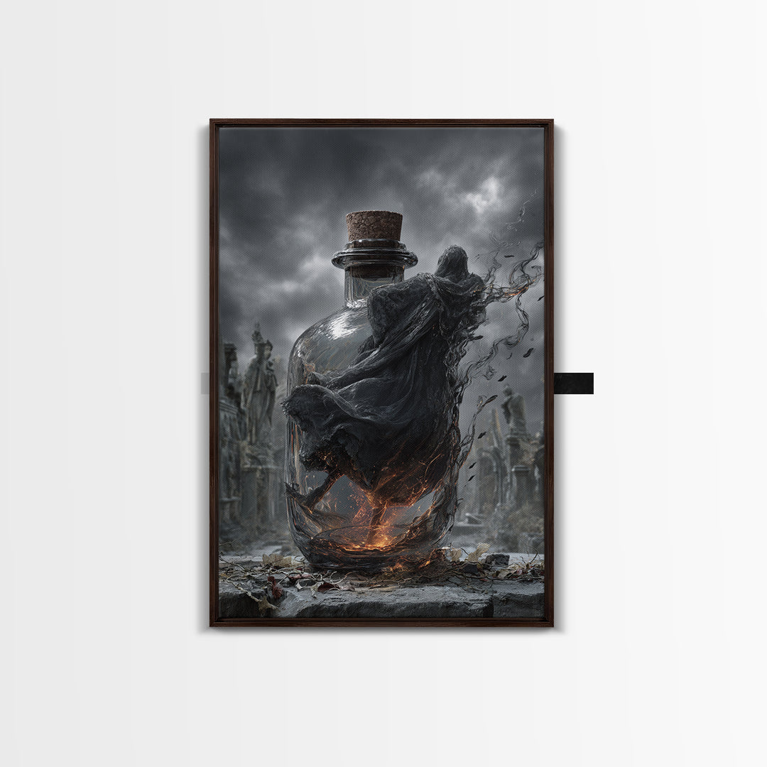 The Bottled Ghost, Vertical Wall Art, Gothic Horror Wall Art, Framed Canvas Print, Halloween Wall Decor, Gothic Home Decor