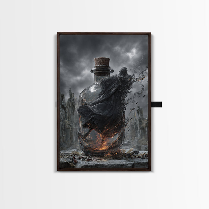The Bottled Ghost, Vertical Wall Art, Gothic Horror Wall Art, Framed Canvas Print, Halloween Wall Decor, Gothic Home Decor