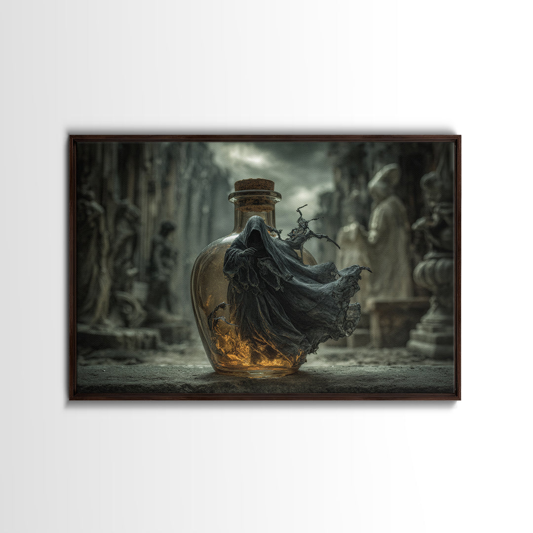 The Bottled Ghost, Landscape Wall Art, Macabre Wall Art, Framed Canvas Print, Halloween Wall Decor, Gothic Home Decor