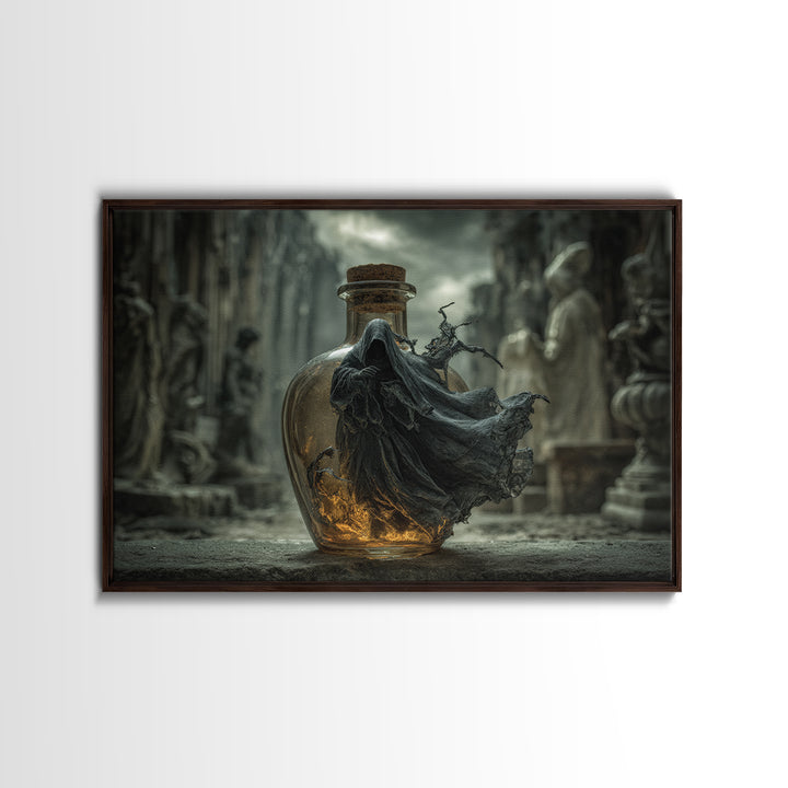 The Bottled Ghost, Landscape Wall Art, Macabre Wall Art, Framed Canvas Print, Halloween Wall Decor, Gothic Home Decor