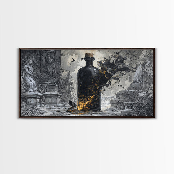 The Bottled Ghost, Wide Panoramic Art, Dark Fantasy Wall Art, Canvas Print, Halloween Wall Decor, Gothic Home Decor, Seasonal Home Decor