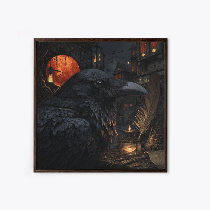 The Raven-Feather Quill, Square Wall Art, Gothic Horror Wall Art, Framed Canvas Print, Halloween Wall Decor, Gothic Home Decor