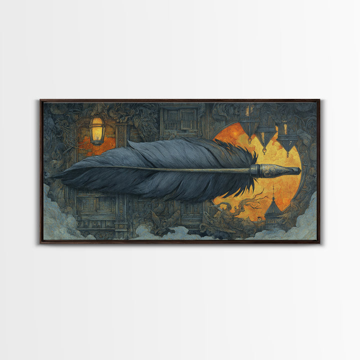 The Raven-Feather Quill, Wide Panoramic Art, Gothic Horror Wall Art, Framed Canvas Print, Halloween Wall Decor, Gothic Home Decor