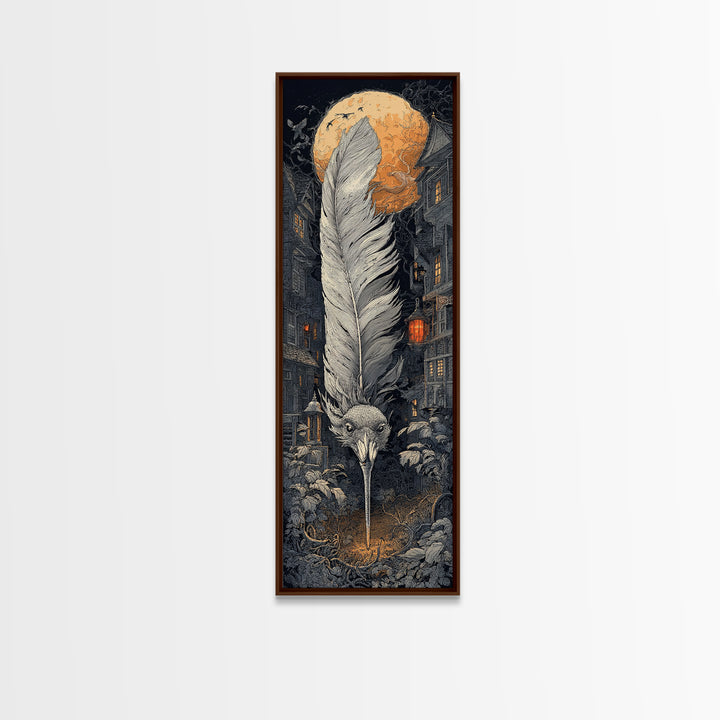 The Raven-Feather Quill, Tall Narrow Wall Art, Macabre Wall Art, Framed Canvas Print, Halloween Wall Decor, Gothic Home Decor