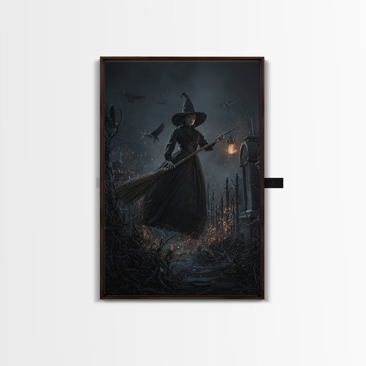 The Witch'S Broom, Vertical Wall Art, Haunted Gothic Art, Framed Canvas Print, Halloween Wall Decor, Gothic Home Decor, Spooky Wall Decor