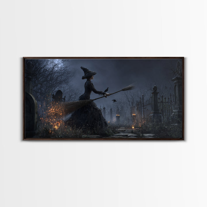 The Witch'S Broom, Wide Panoramic Art, Gothic Horror Wall Art, Framed Canvas Print, Halloween Wall Decor, Gothic Home Decor, Halloween Decor