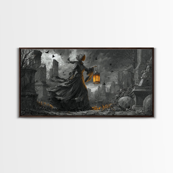 The Bone-Handled Lantern, Wide Panoramic Art, Spooky Home Decor, Canvas Print, Halloween Wall Decor, Gothic Home Decor, Dark Fantasy Art