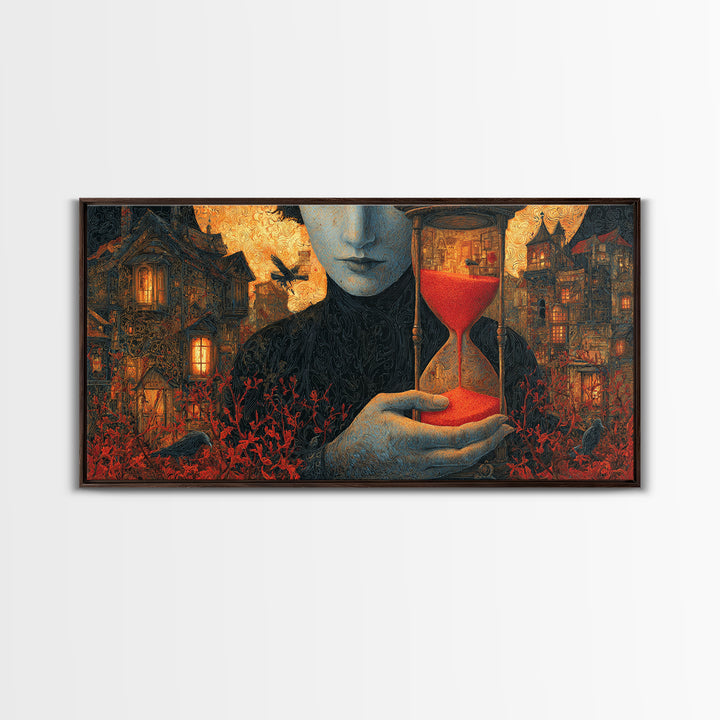 The Crimson Hourglass, Wide Panoramic Art, Macabre Wall Art, Framed Canvas Print, Halloween Wall Decor, Gothic Home Decor, Halloween Decor