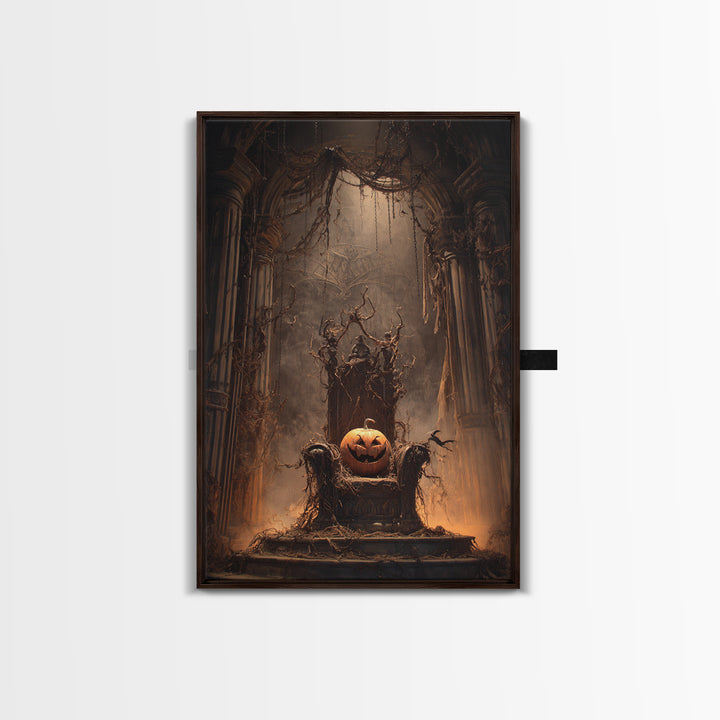 The Jack-O'-Lantern Throne, Vertical Wall Art, Gothic Horror Wall Art, Framed Canvas Print, Halloween Wall Decor, Gothic Home Decor