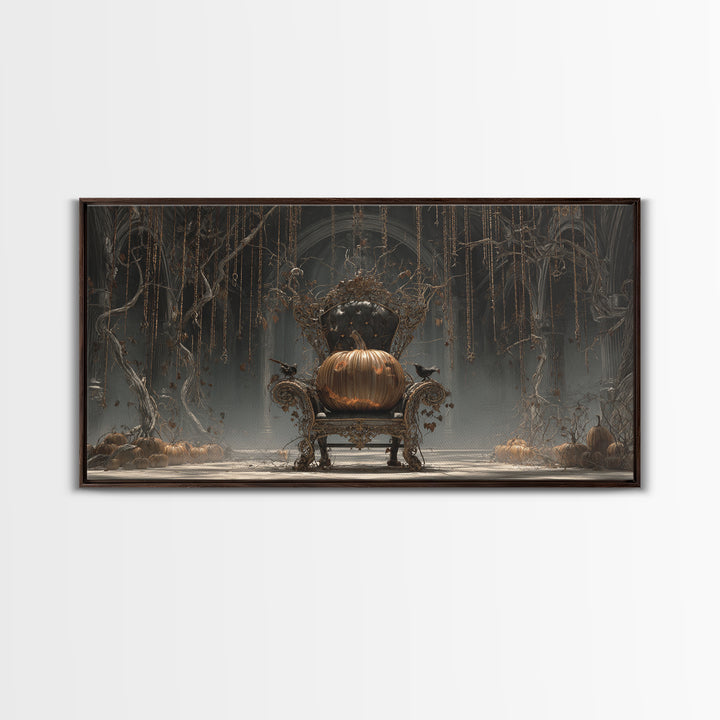 The Jack-O'-Lantern Throne, Wide Panoramic Art, Macabre Wall Art, Framed Canvas Print, Halloween Wall Decor, Gothic Home Decor