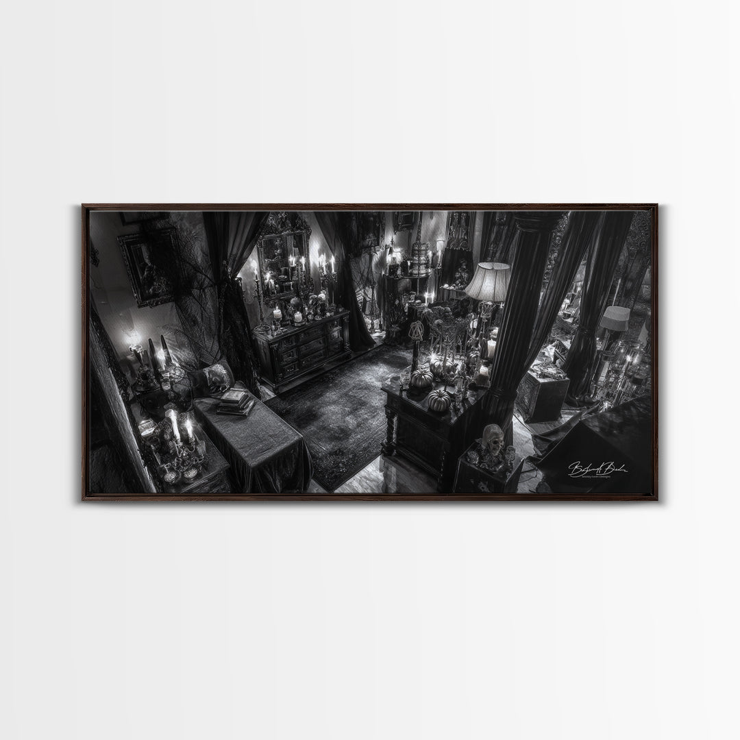 Monochrome Gothic Halloween, Wide Panoramic Art, Macabre Wall Art, Framed Canvas Print, Halloween Wall Decor, Gothic Home Decor