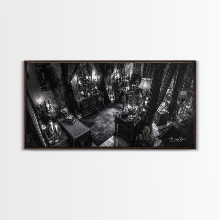 Monochrome Gothic Halloween, Wide Panoramic Art, Macabre Wall Art, Framed Canvas Print, Halloween Wall Decor, Gothic Home Decor