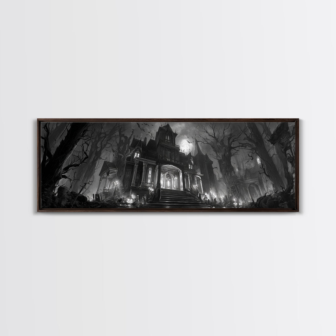Monochrome Gothic Halloween, Extra Wide Wall Art, Spooky Home Decor, Canvas Print, Halloween Wall Decor, Gothic Home Decor, Dark Fantasy Art