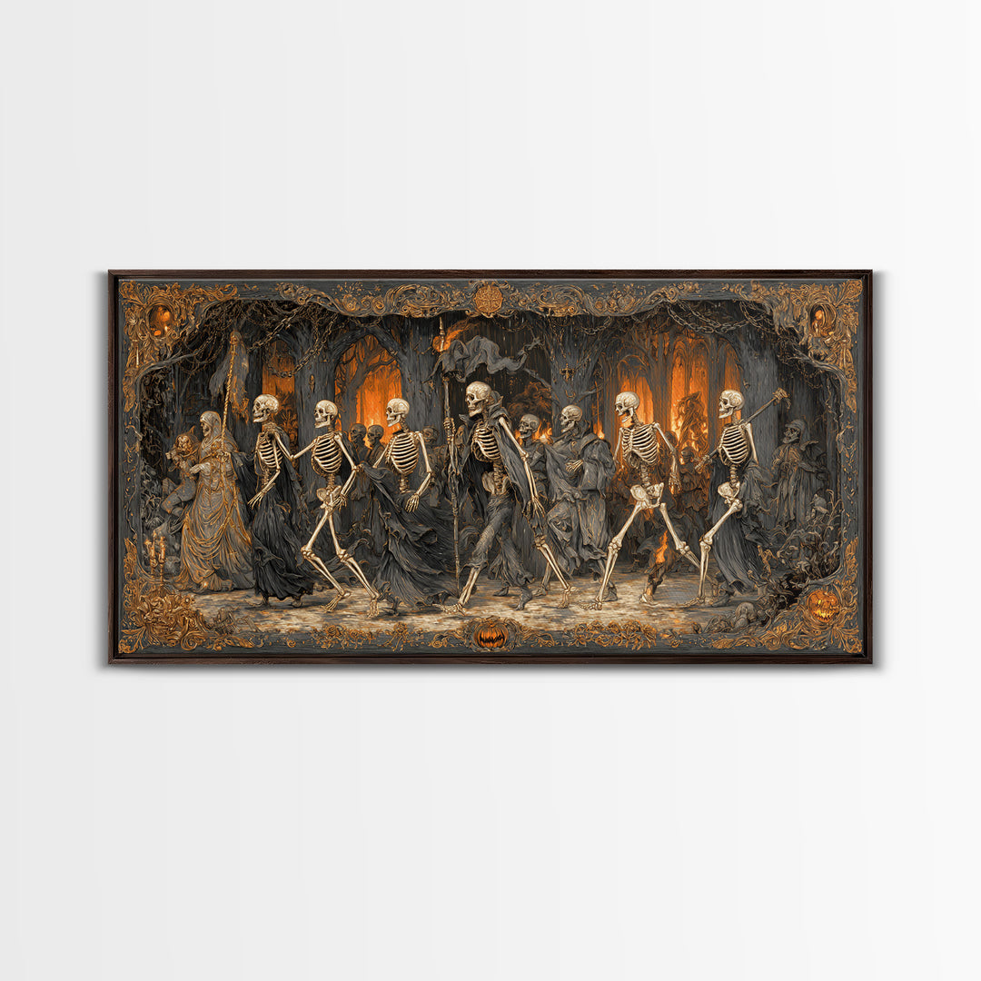 Medieval Danse Macabre, Wide Panoramic Art, Dark Fantasy Wall Art, Canvas Print, Halloween Wall Decor, Gothic Home Decor, Halloween Wall Art