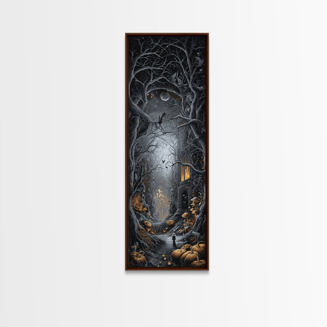 Enchanted Woodland Halloween, Tall Narrow Wall Art, Haunted Gothic Art, Framed Canvas Print, Halloween Wall Decor, Gothic Home Decor