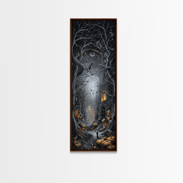 Enchanted Woodland Halloween, Tall Narrow Wall Art, Haunted Gothic Art, Framed Canvas Print, Halloween Wall Decor, Gothic Home Decor
