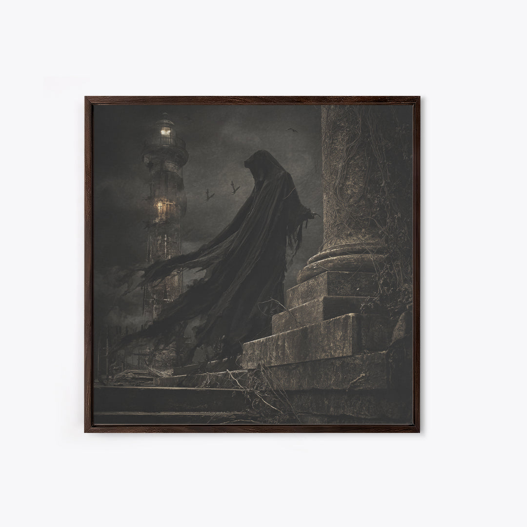 Haunted Seaside Halloween, Square Wall Art, Macabre Wall Art, Framed Canvas Print, Halloween Wall Decor, Gothic Home Decor, Dark Fantasy Art