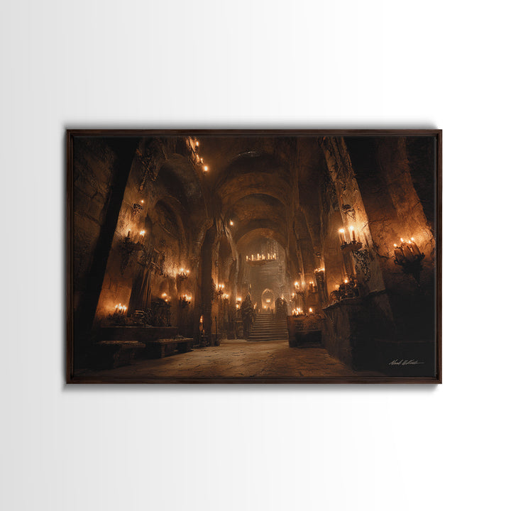 The Candlelit Crypt, Landscape Wall Art, Gothic Horror Wall Art, Framed Canvas Print, Halloween Wall Decor, Gothic Home Decor