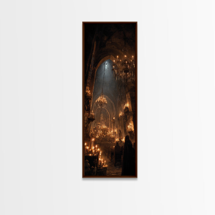 The Candlelit Crypt, Tall Narrow Wall Art, Gothic Horror Wall Art, Framed Canvas Print, Halloween Wall Decor, Gothic Home Decor