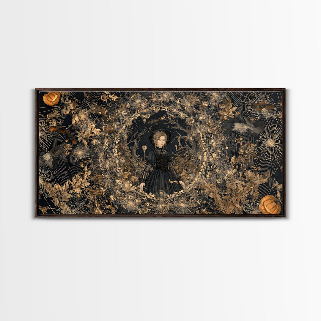 Black Lace And Cobwebs, Wide Panoramic Art, Haunted Gothic Art, Framed Canvas Print, Halloween Wall Decor, Gothic Home Decor