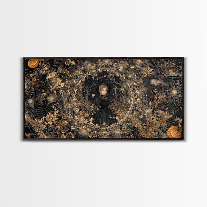 Black Lace And Cobwebs, Wide Panoramic Art, Haunted Gothic Art, Framed Canvas Print, Halloween Wall Decor, Gothic Home Decor