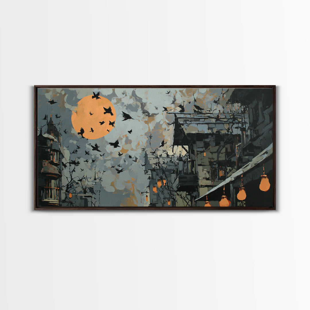 Ravens And Ruins, Wide Panoramic Art, Spooky Home Decor, Canvas Print, Halloween Wall Decor, Gothic Home Decor, Macabre Wall Art