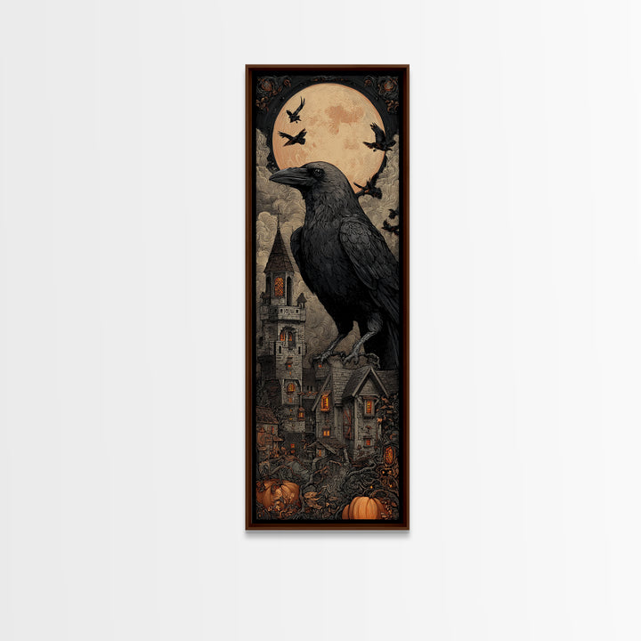 Ravens And Ruins, Tall Narrow Wall Art, Haunted Gothic Art, Framed Canvas Print, Halloween Wall Decor, Gothic Home Decor