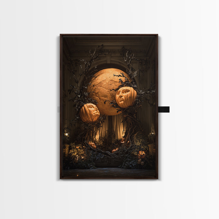 Pumpkins And Moon Phases, Vertical Wall Art, Macabre Wall Art, Framed Canvas Print, Halloween Wall Decor, Gothic Home Decor