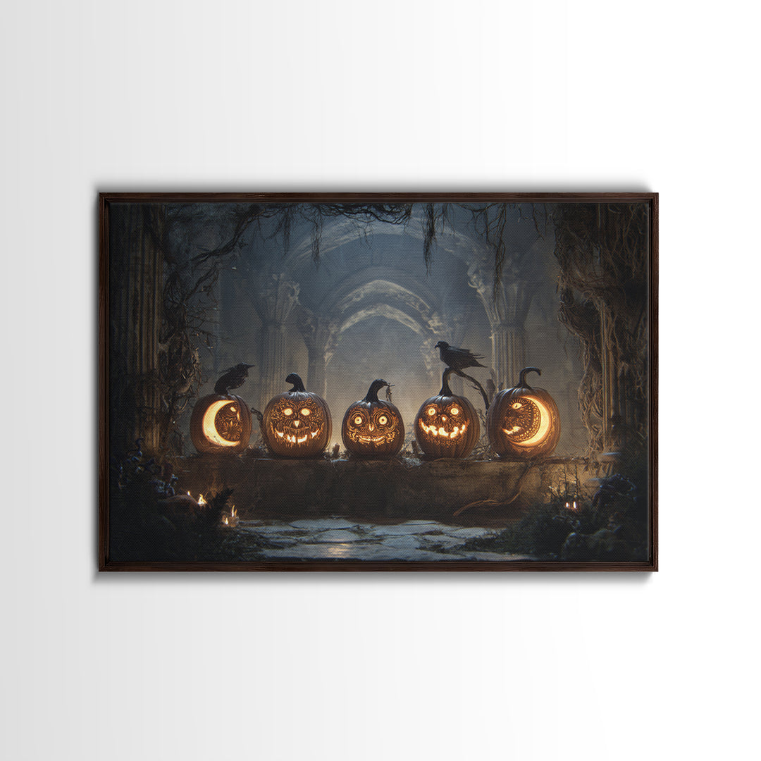 Pumpkins And Moon Phases, Landscape Wall Art, Haunted Gothic Art, Framed Canvas Print, Halloween Wall Decor, Gothic Home Decor