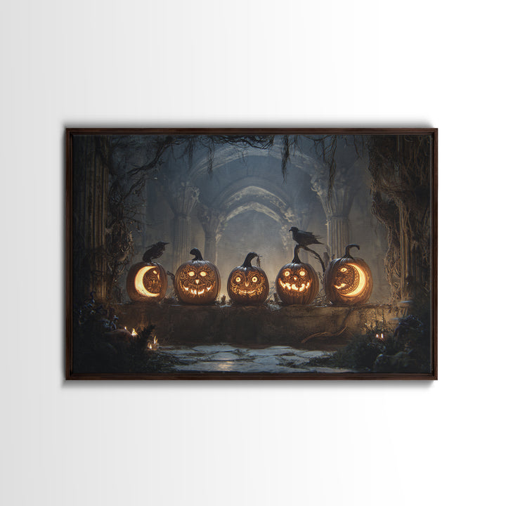 Pumpkins And Moon Phases, Landscape Wall Art, Haunted Gothic Art, Framed Canvas Print, Halloween Wall Decor, Gothic Home Decor