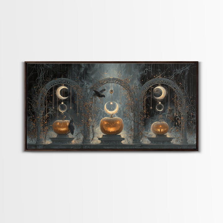 Pumpkins And Moon Phases, Wide Panoramic Art, Dark Halloween Decor, Canvas Print, Halloween Wall Decor, Gothic Home Decor, Horror Wall Art