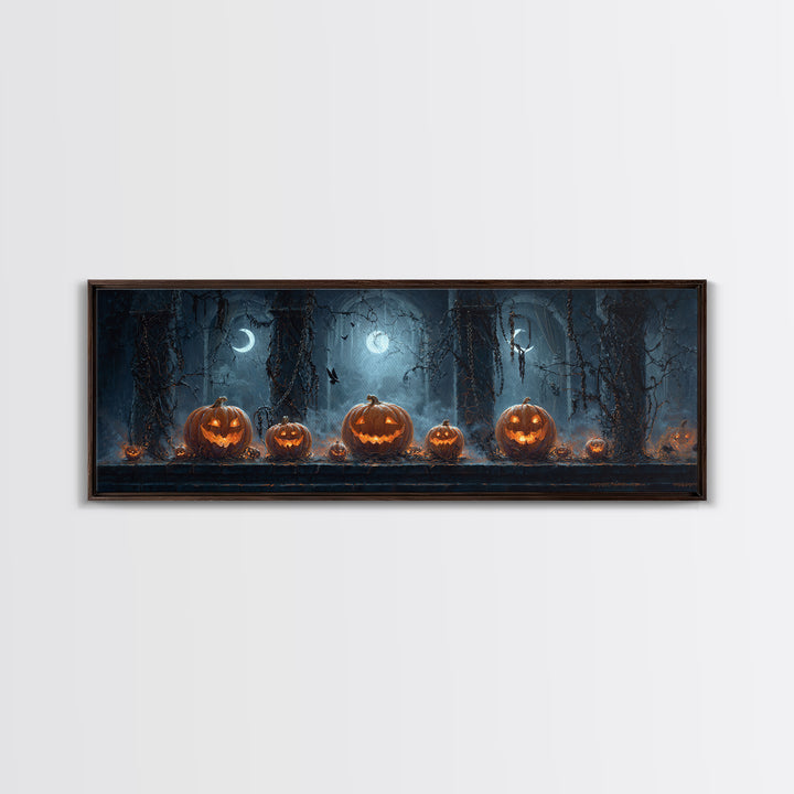 Pumpkins And Moon Phases, Extra Wide Wall Art, Macabre Wall Art, Framed Canvas Print, Halloween Wall Decor, Gothic Home Decor
